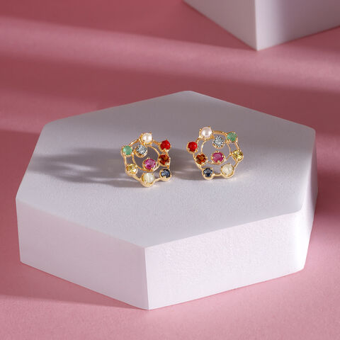 Navratna Nouveau 14KT Stud Earrings
