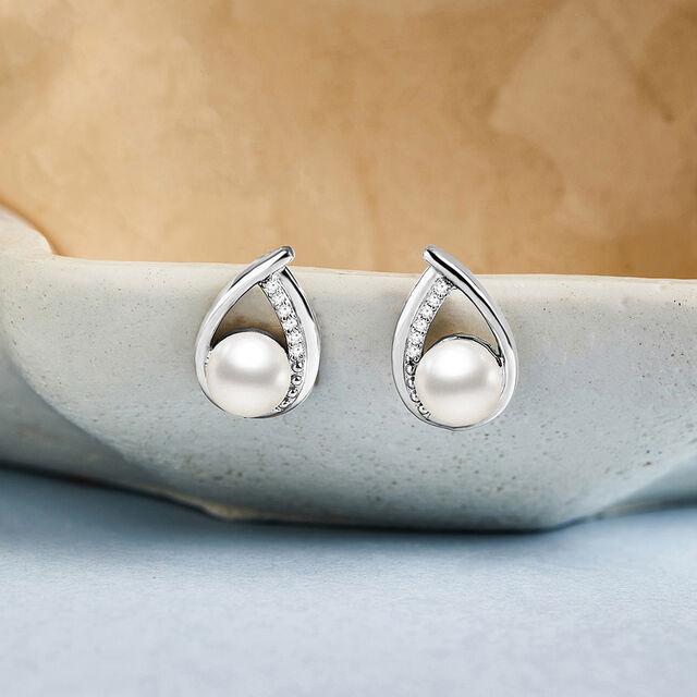 Sophisticated Pearl Silver Stud Earrings,,hi-res image number null