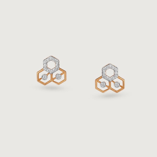 Geometric Honeycomb Gold & Diamond Stud Earrings,,hi-res image number null