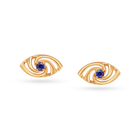 14KT Yellow Gold Hypnotic Blue Sapphire Evil Eye Stud Earrings