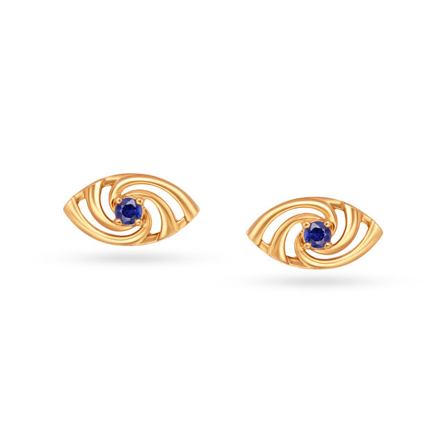 14KT Yellow Gold Hypnotic Blue Sapphire Evil Eye Stud Earrings,,hi-res image number null