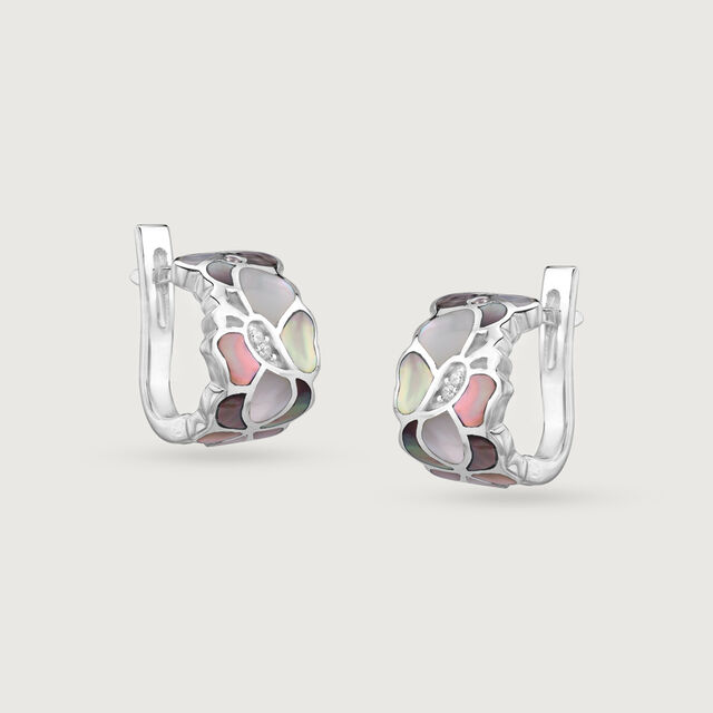 Mother of Pearl Blossom Silver Hoop Earrings,,hi-res image number null