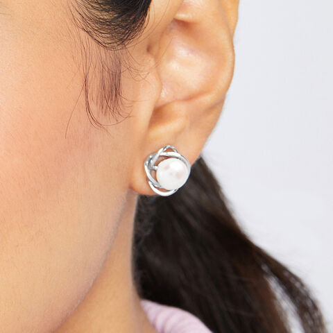 Spiral Pearl Silver Stud Earrings