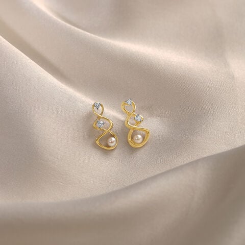 Lively Twist 14KT Diamond & Pearl Stud Earrings