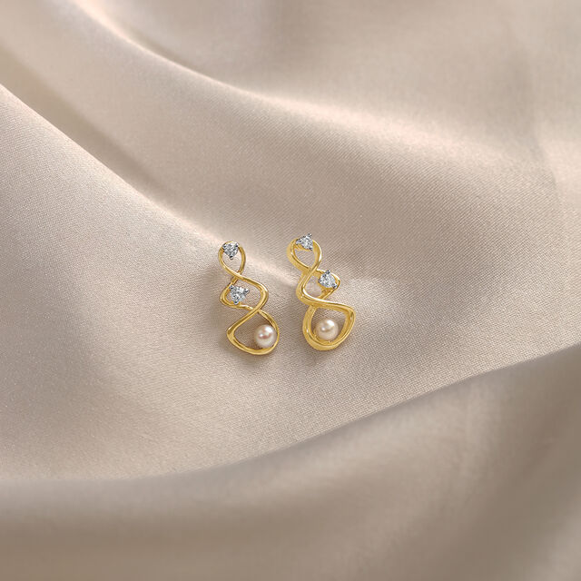 Lively Twist 14KT Diamond & Pearl Stud Earrings,,hi-res image number null
