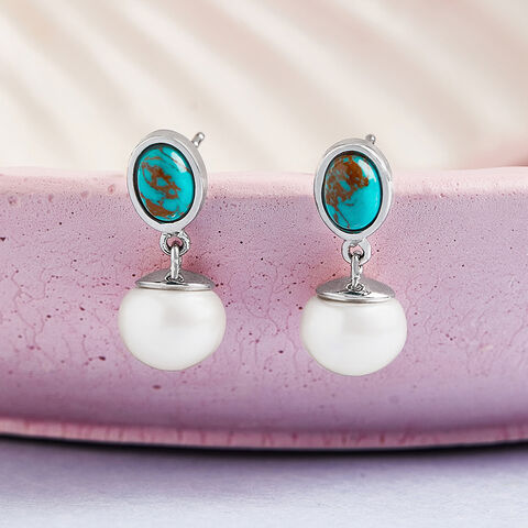 Turquoise Pearl Silver Drop Earrings
