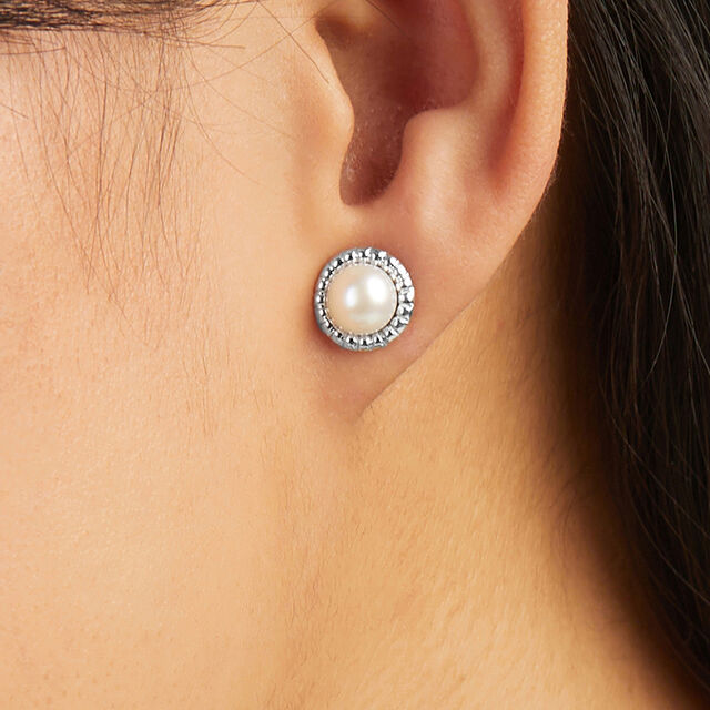 Minimalist Pearl Silver Stud Earrings,,hi-res image number null