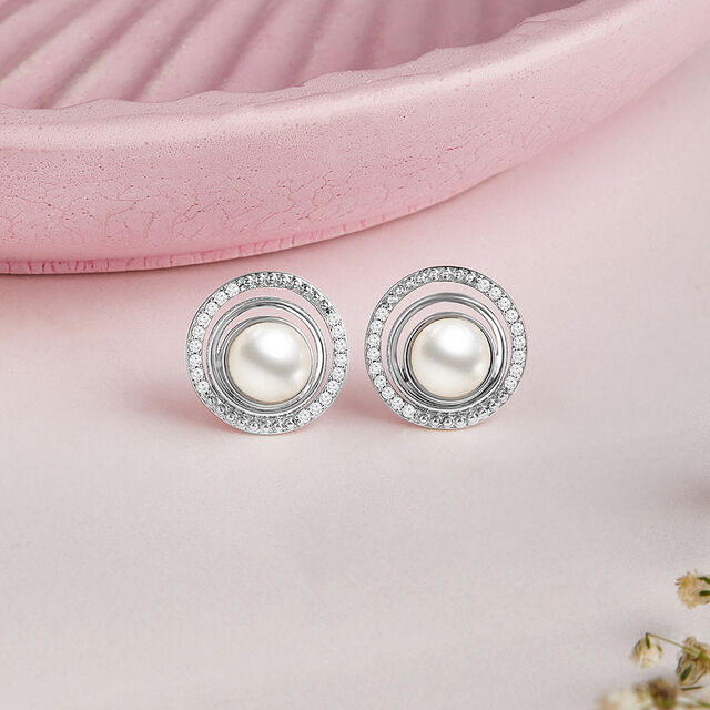 Chic Pearl Stud Silver Earrings,,hi-res image number null