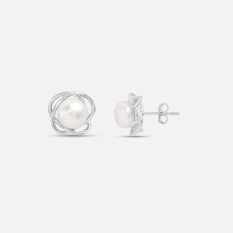 Spiral Pearl Silver Stud Earrings