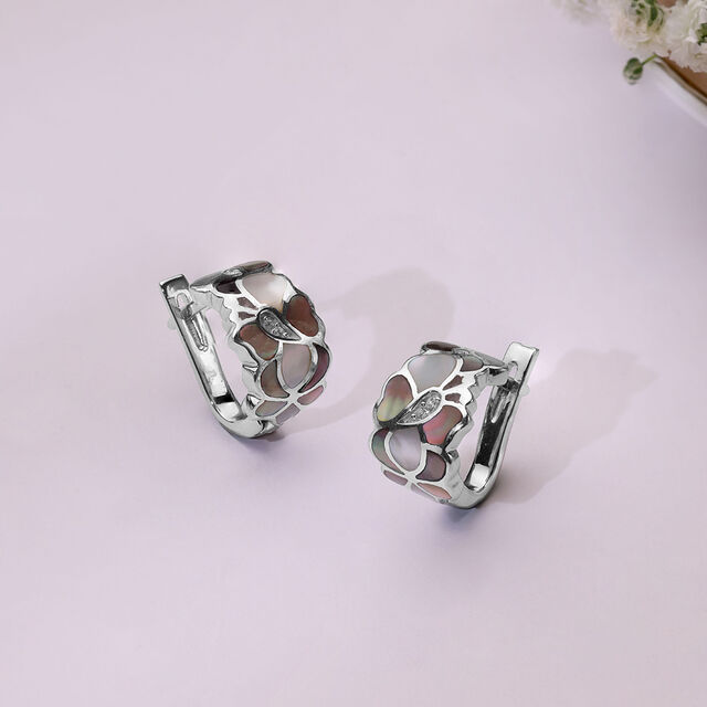 Mother of Pearl Blossom Silver Hoop Earrings,,hi-res image number null