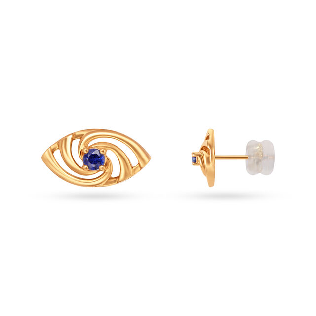 14KT Yellow Gold Hypnotic Blue Sapphire Evil Eye Stud Earrings,,hi-res image number null