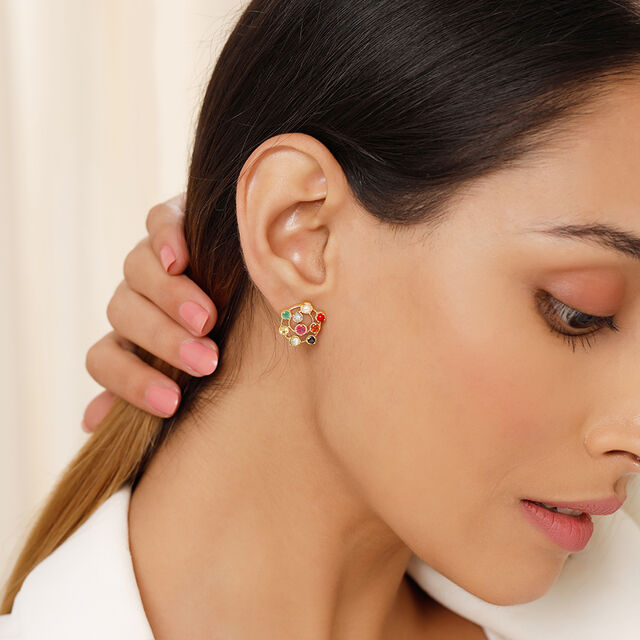 Navratna Nouveau 14KT Stud Earrings,,hi-res image number null