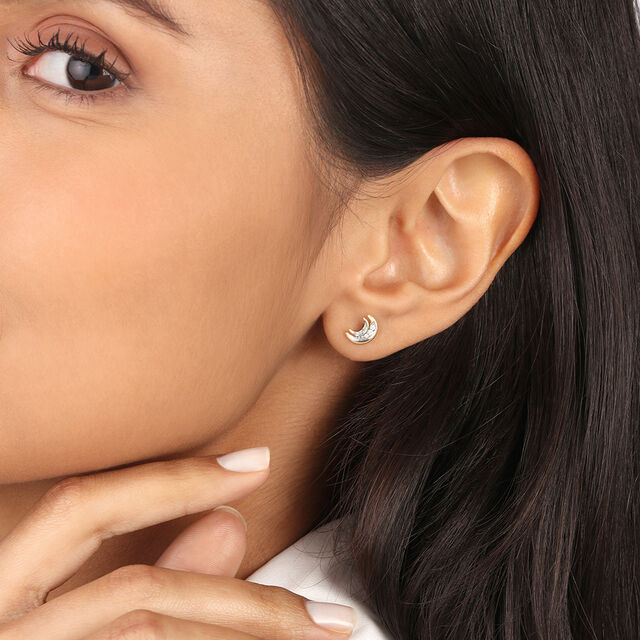 Moonlight Serenade 14KT Crescent Moon Diamond Stud Earring,,hi-res image number null
