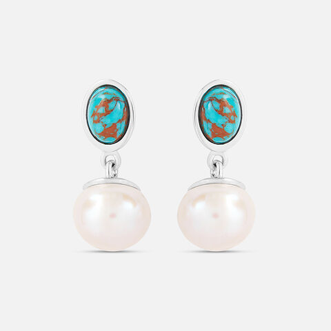 Turquoise Pearl Silver Drop Earrings