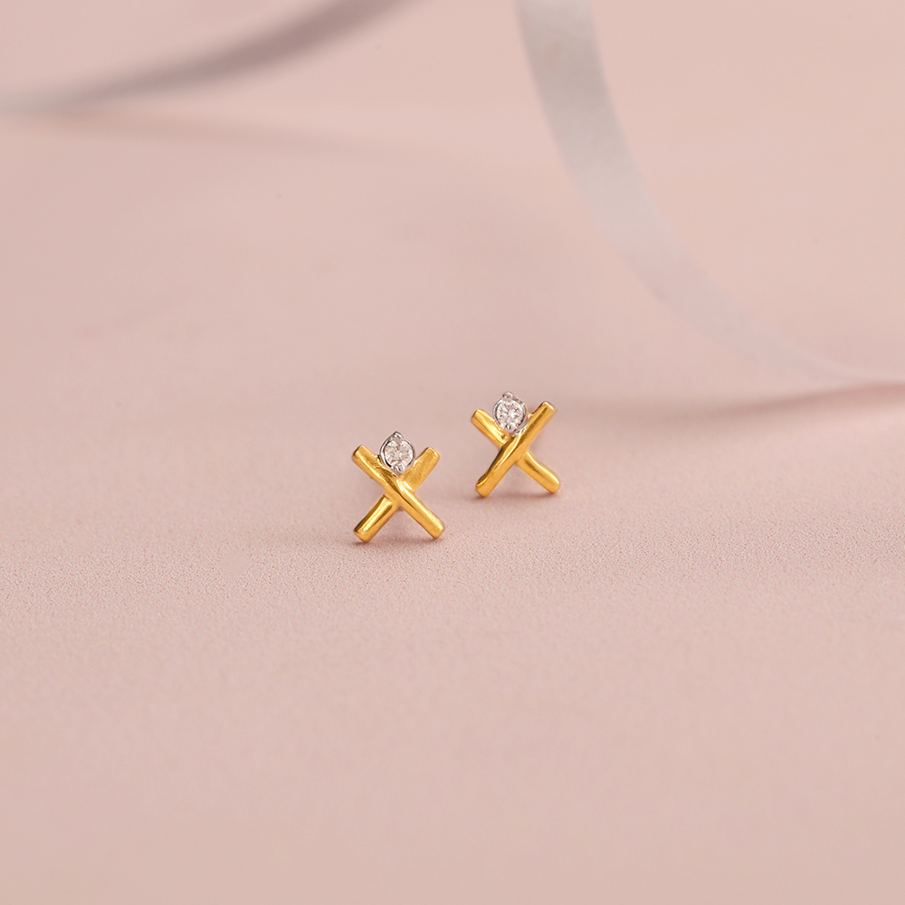 Radiant Cross 14 Kt Gold and Diamond Stud Earrings