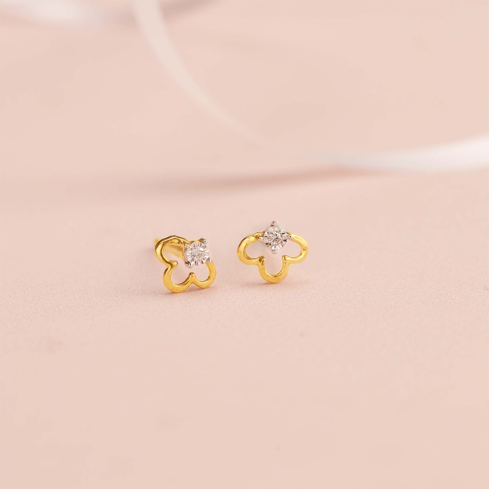 Lucky Clover 14 Kt Gold and Diamond Stud Earrings