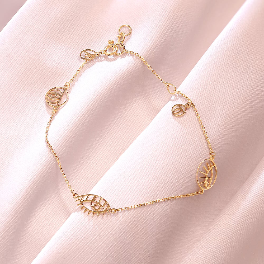 14KT Yellow Gold Multi Charm Evil Eye Bracelet