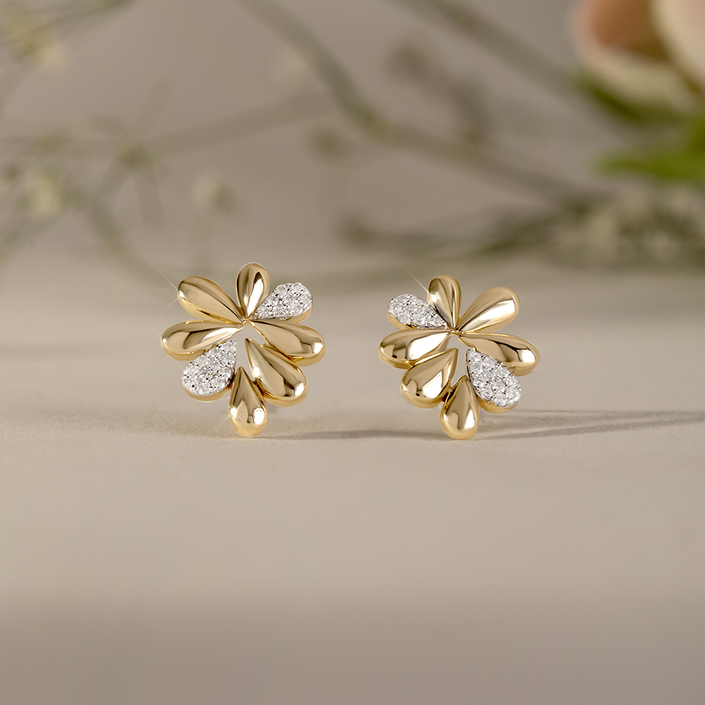 Floral Sparkle Gold & Diamond Stud Earrings